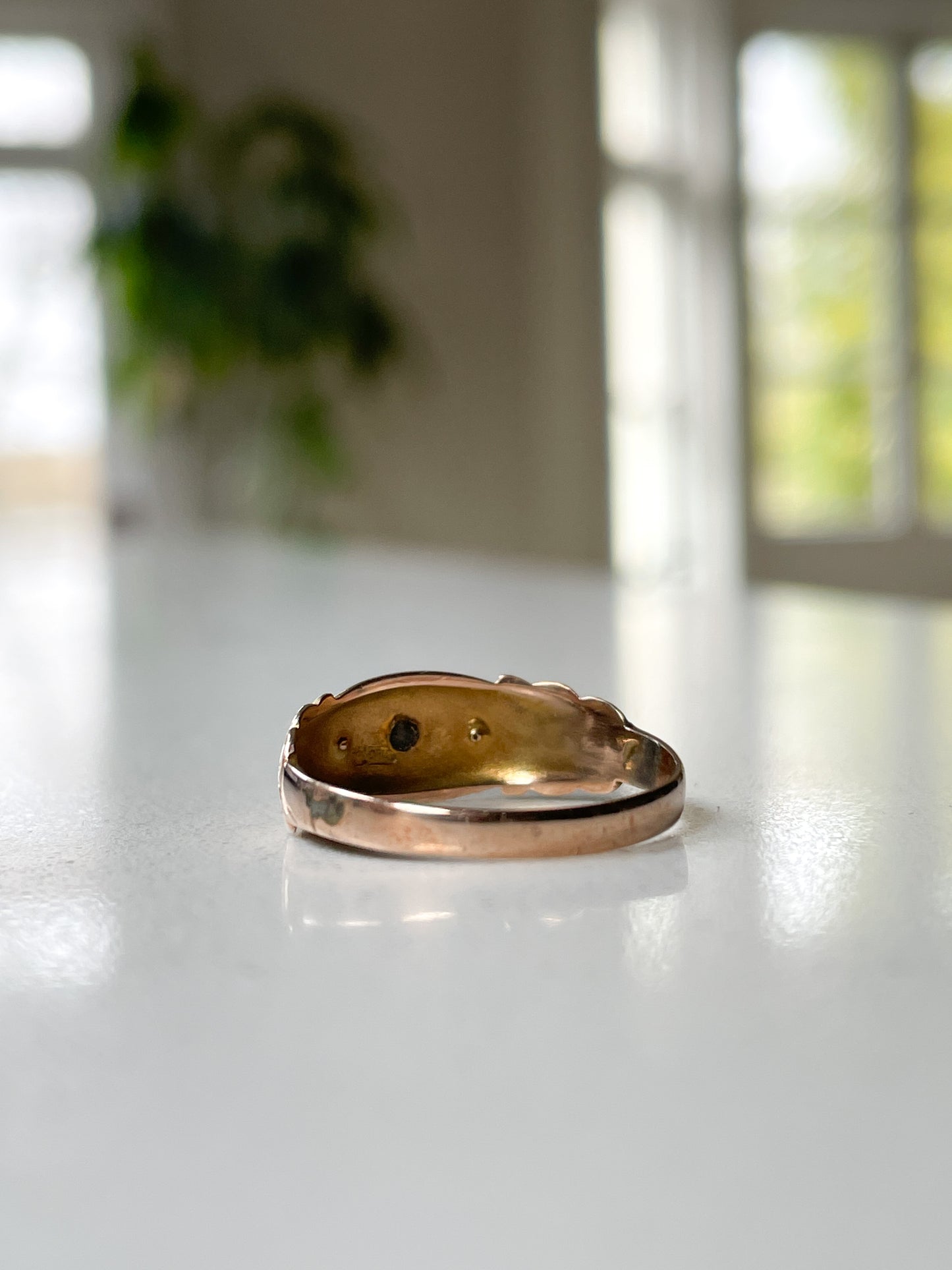 Victorian turquoise and seed pearl rose gold ring from 1896