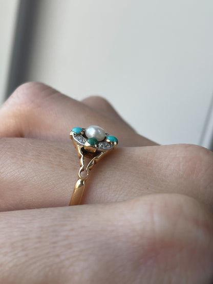 Antique turquoise pearl and diamond target cluster ring