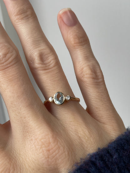 Vintage aquamarine and diamond trilogy ring on 9ct gold
