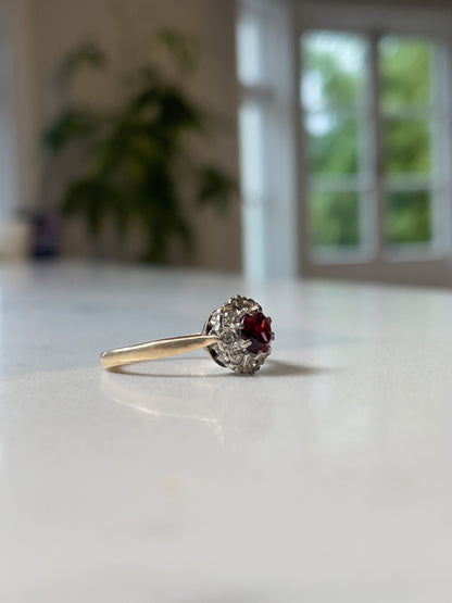 Vintage 1970s garnet and diamond halo cluster ring on 9ct gold