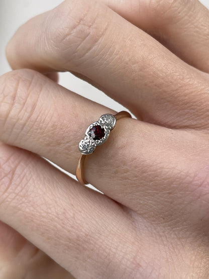 Vintage garnet and diamond trilogy ring