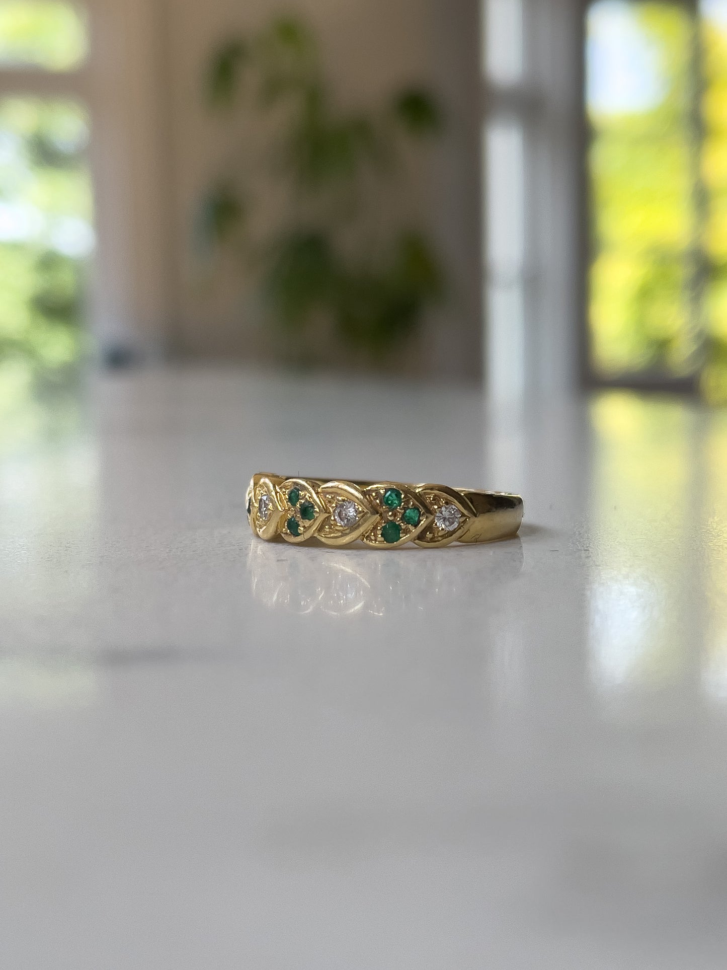 Vintage emerald and diamond patterned band ring on 18ct gold
