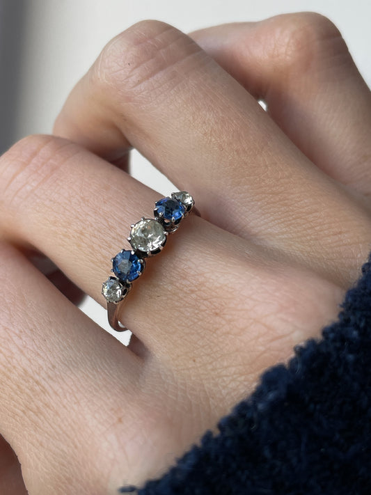 Antique blue and white paste ring on 9ct white gold