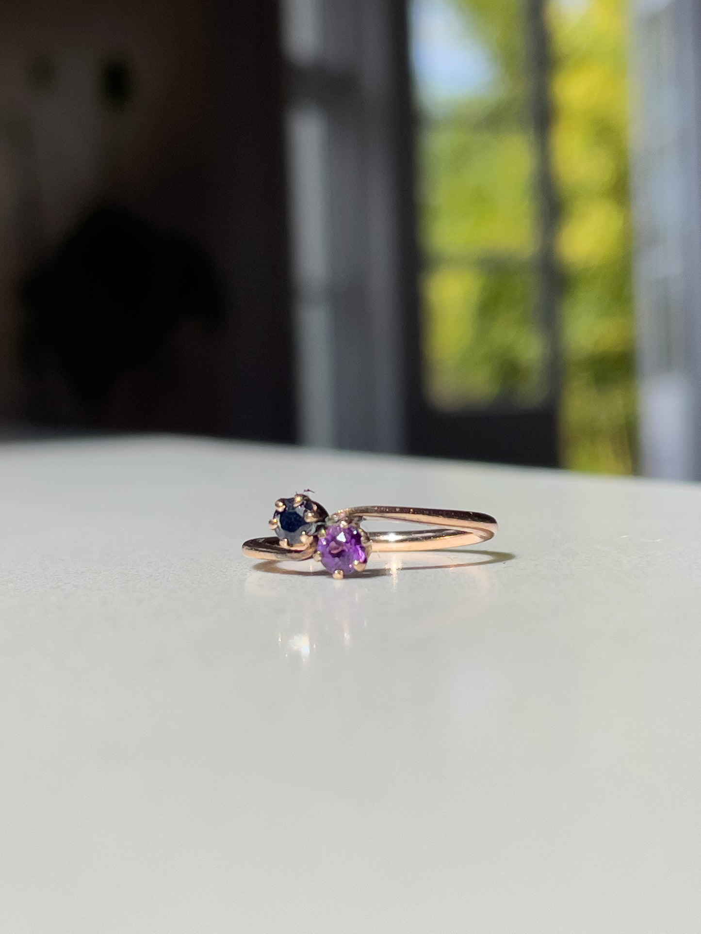 Vintage amethyst and sapphire toi et moi ring on 9ct gold