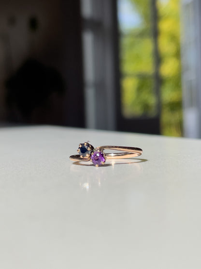 Vintage amethyst and sapphire toi et moi ring on 9ct gold
