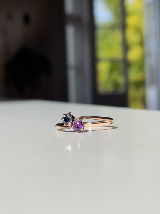 Vintage amethyst and sapphire toi et moi ring on 9ct gold