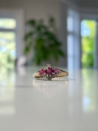 Vintage ruby and diamond trilogy ring on 9ct gold
