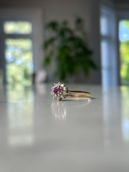 Vintage ruby and diamond halo cluster ring on 9ct gold