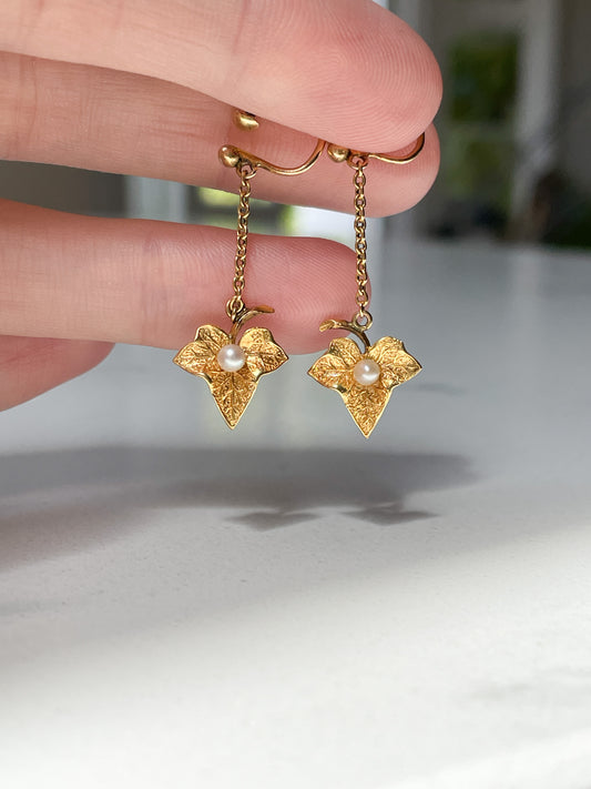 9ct gold and pearl leaf drop earrings