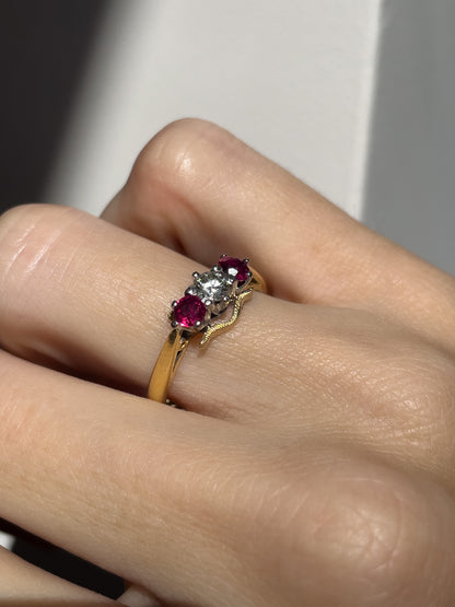 Vintage 1970s ruby and diamond trilogy ring on 18ct gold