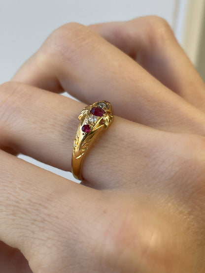 Antique ruby and diamond boat ring on 18ct gold