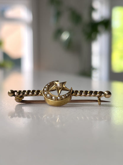 Antique seed pearl star and crescent moon brooch on 15ct gold