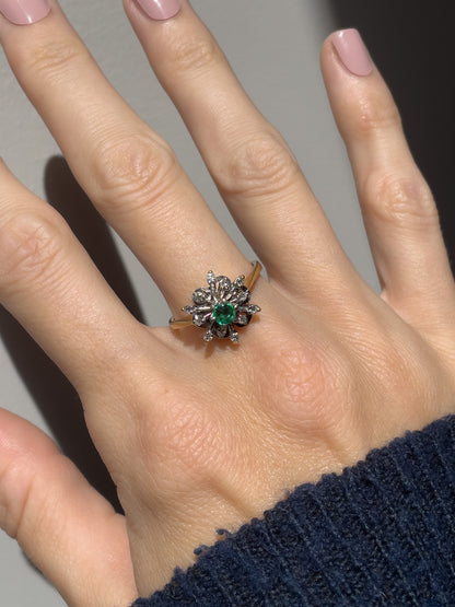 Vintage emerald and diamond snowflake cluster ring on 18ct gold
