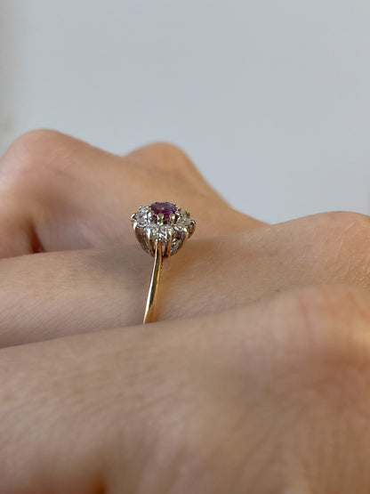 Vintage ruby and diamond halo cluster ring on 9ct gold