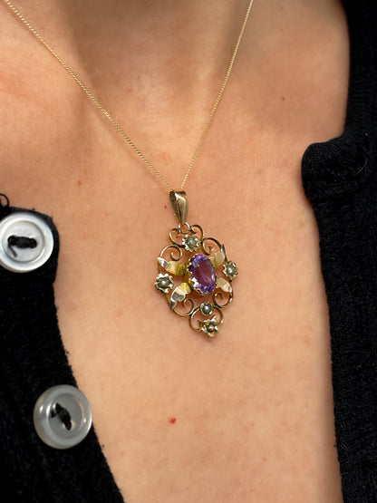 Victorian amethyst and seed pearl pendant with 9ct gold chain