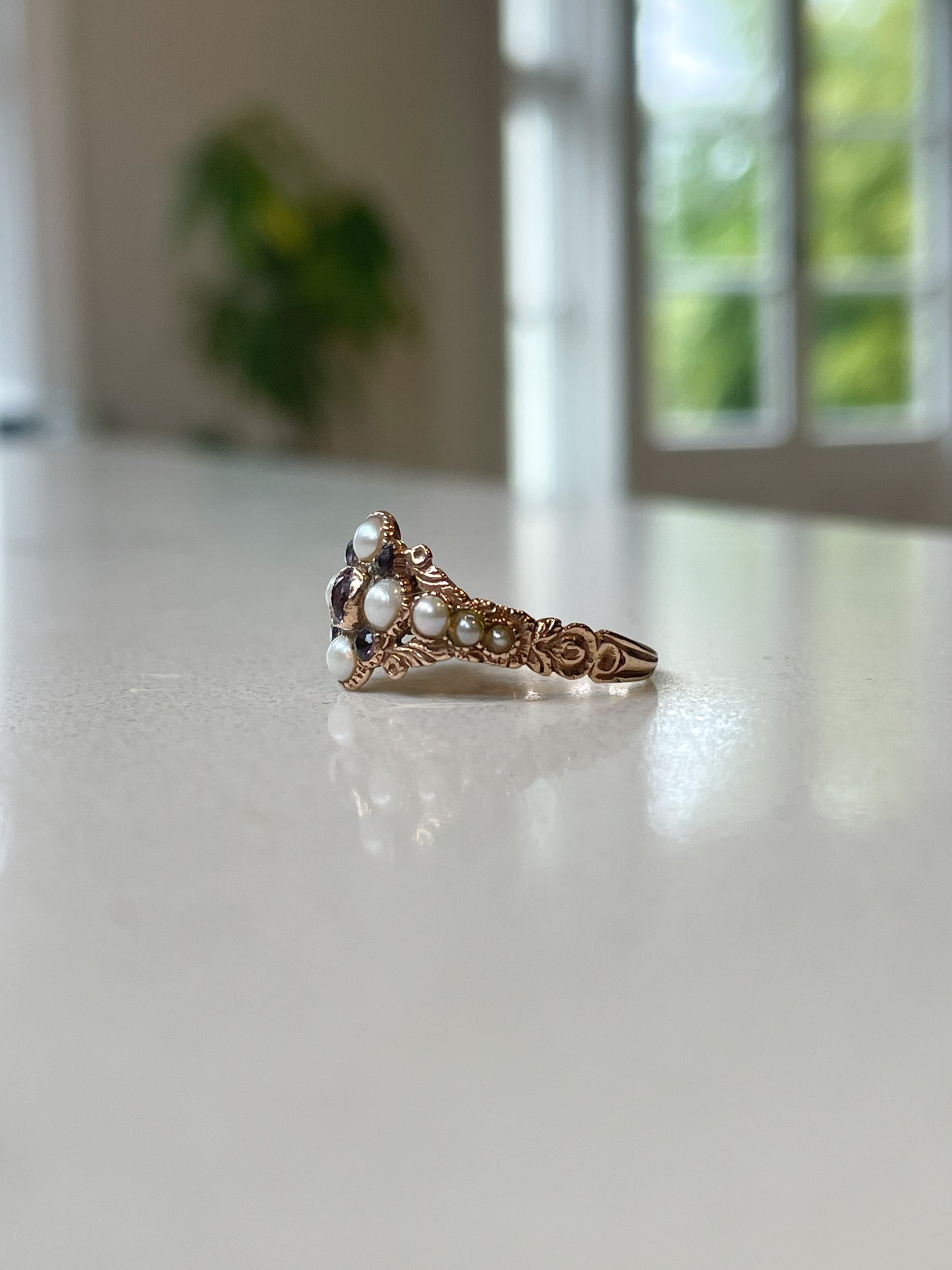 Antique seed pearl and amethyst ring on 9ct rose gold