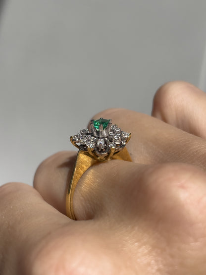 Vintage emerald and diamond snowflake cluster ring on 18ct gold