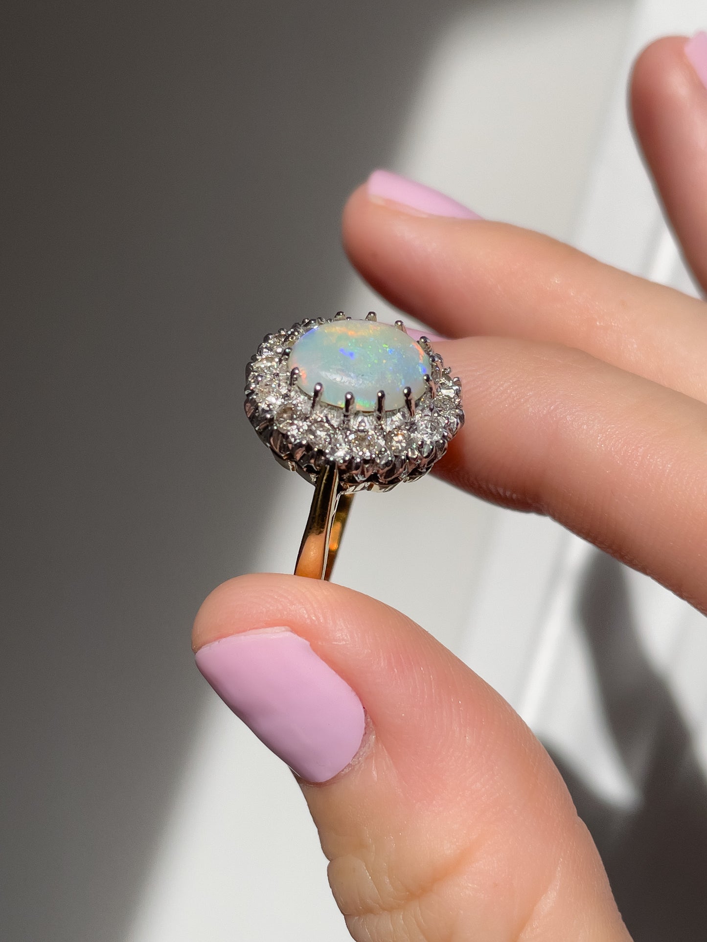 Vintage opal and diamond halo cluster ring on 18ct gold