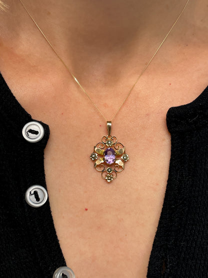 Victorian amethyst and seed pearl pendant with 9ct gold chain