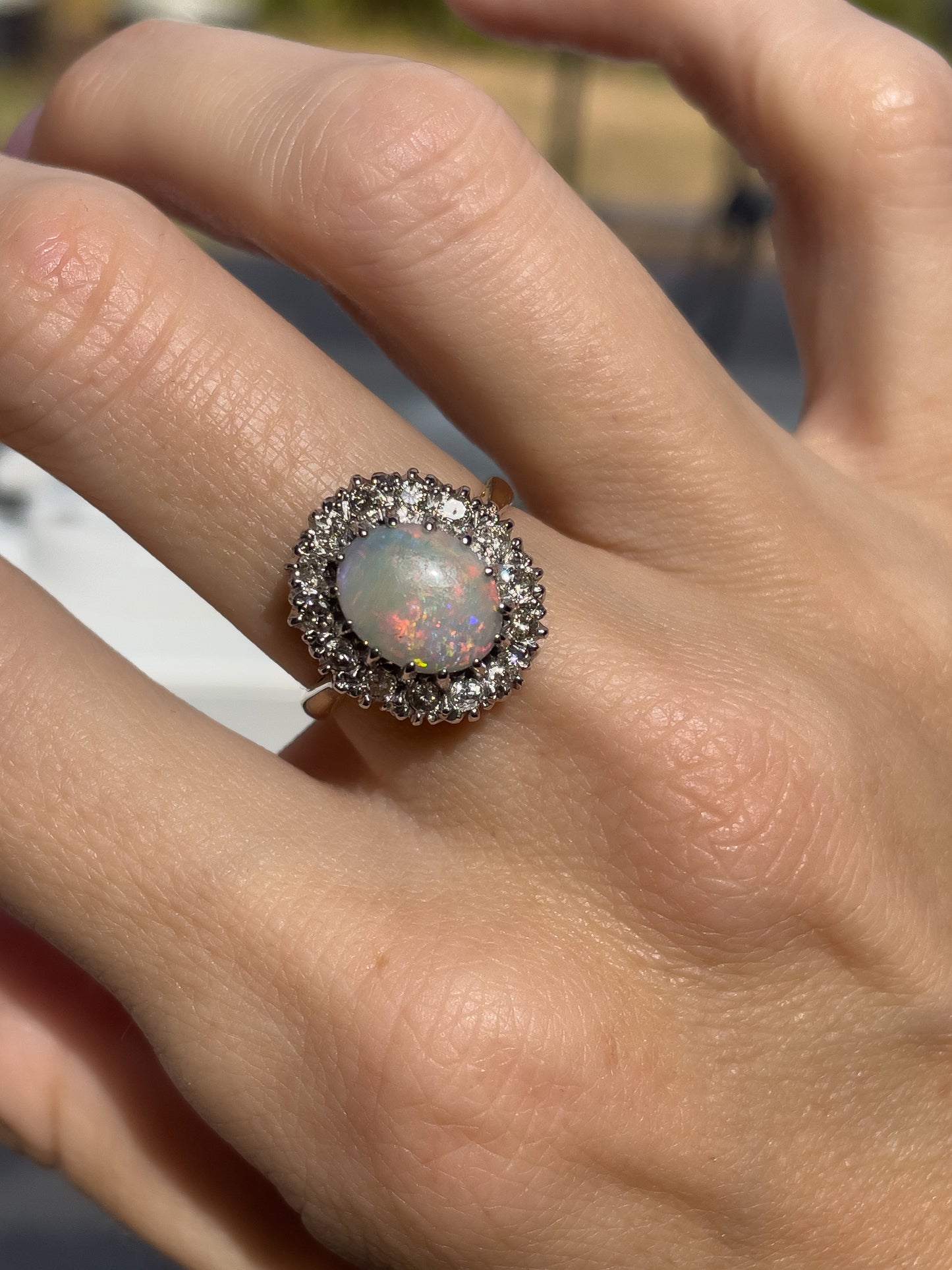Vintage opal and diamond halo cluster ring on 18ct gold