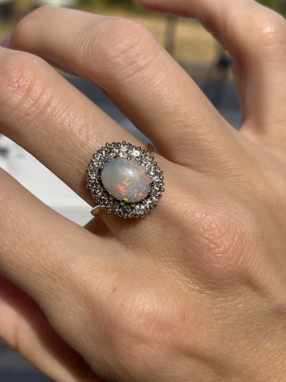 Vintage opal and diamond halo cluster ring on 18ct gold