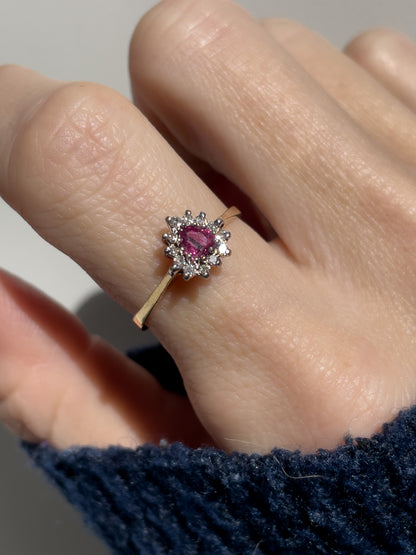 Vintage ruby and diamond heart halo cluster ring on 9ct gold