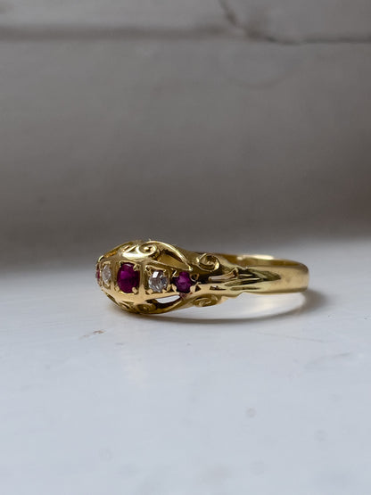 Antique ruby and diamond boat ring on 18ct gold
