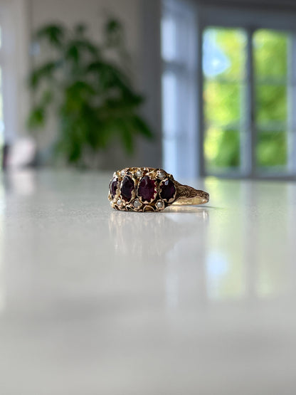 Antique rose-cut garnet and seed pearl ring on 9ct gold