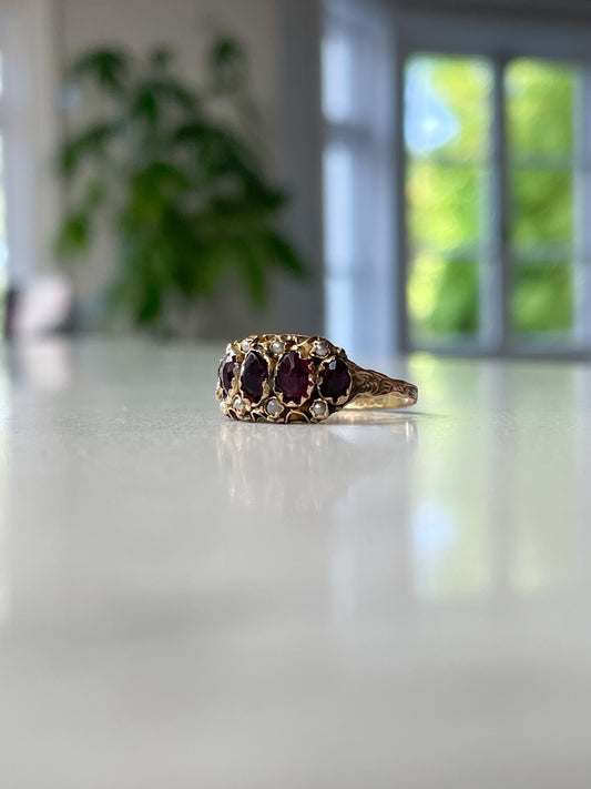 Antique rose-cut garnet and seed pearl ring on 9ct gold