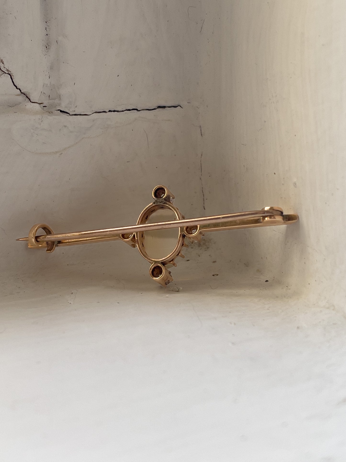Vintage opal and diamond bar brooch on 9ct gold