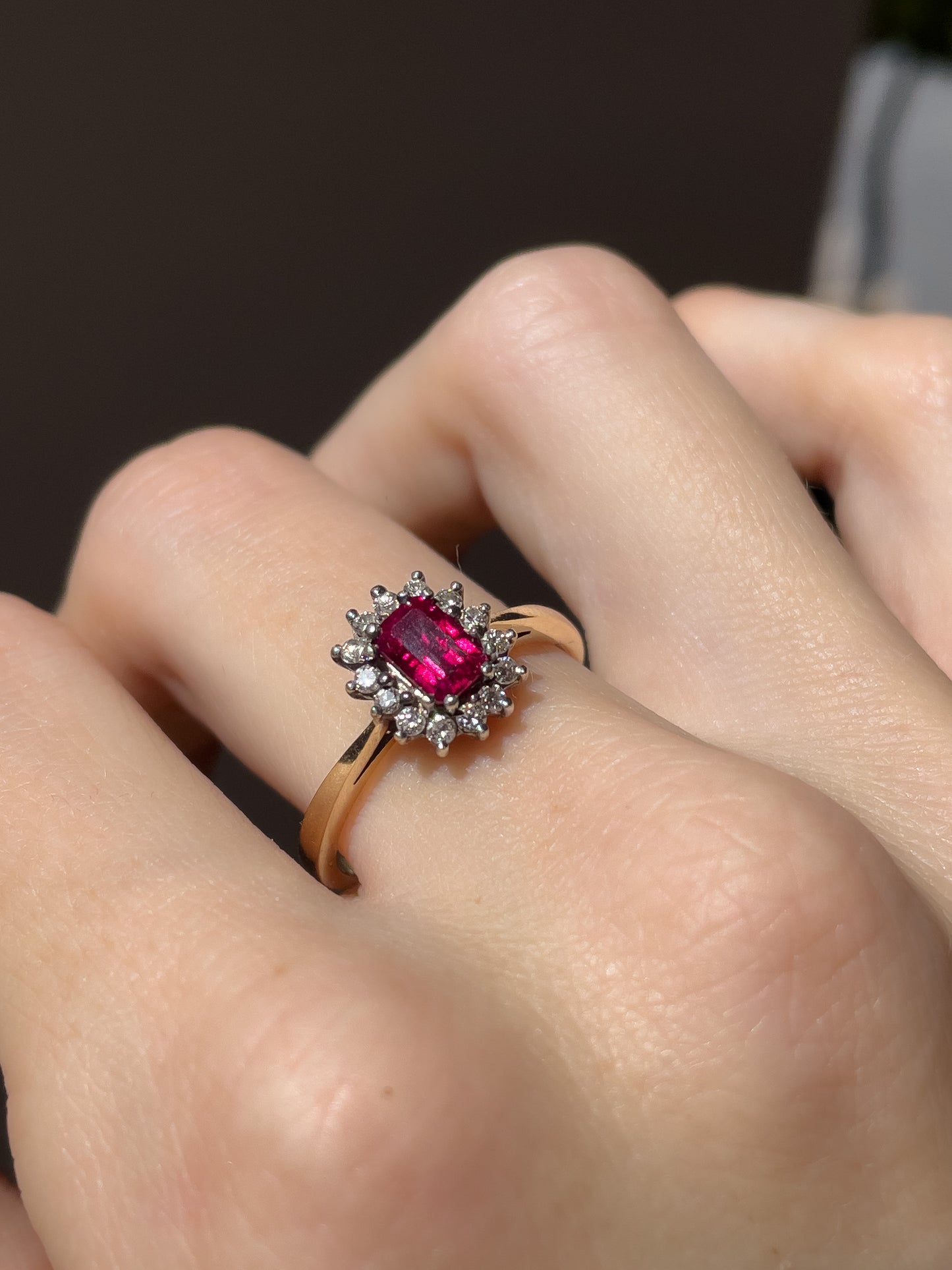 Vintage ruby and diamond halo cluster on 9ct gold