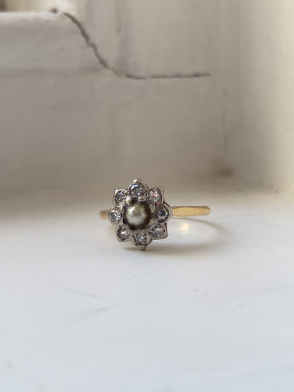 Vintage pearl and diamond flower ring on 18ct gold and platinum