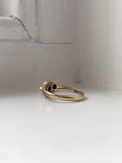 Vintage seed pearl and ruby trilogy ring on 18ct gold