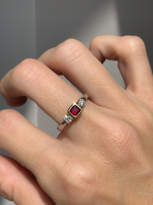 Chunky garnet and diamond trilogy ring on 18ct gold