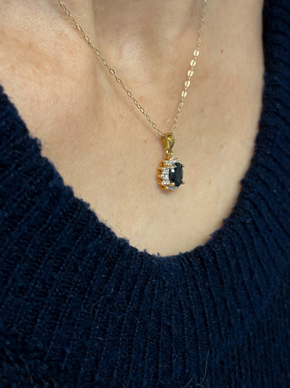 Vintage sapphire and diamond halo cluster pendant and 9ct gold chain