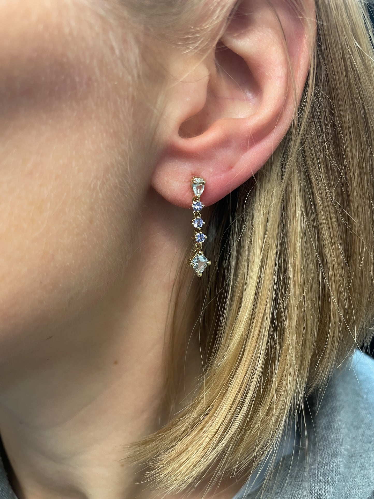 Vintage aquamarine and tanzanite drop earrings on 9ct gold