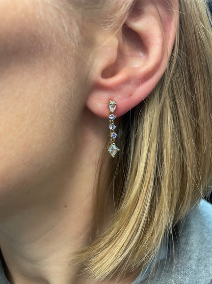 Vintage aquamarine and tanzanite drop earrings on 9ct gold