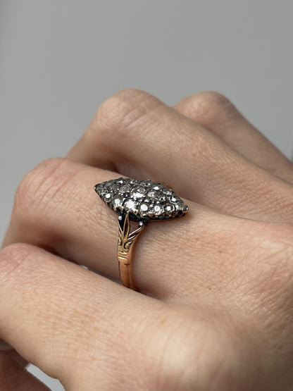 Victorian hand made Navette diamond cluster ring with .63ct diamonds