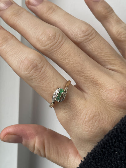 9ct gold emerald and diamond bypass ring from 1982