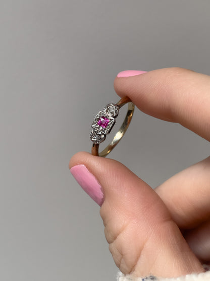 1920s created ruby and diamond trilogy ring on 9ct gold