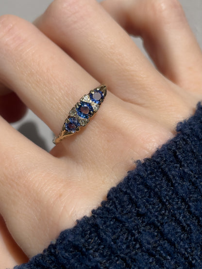 Vintage sapphire and diamond boat ring on 9ct gold
