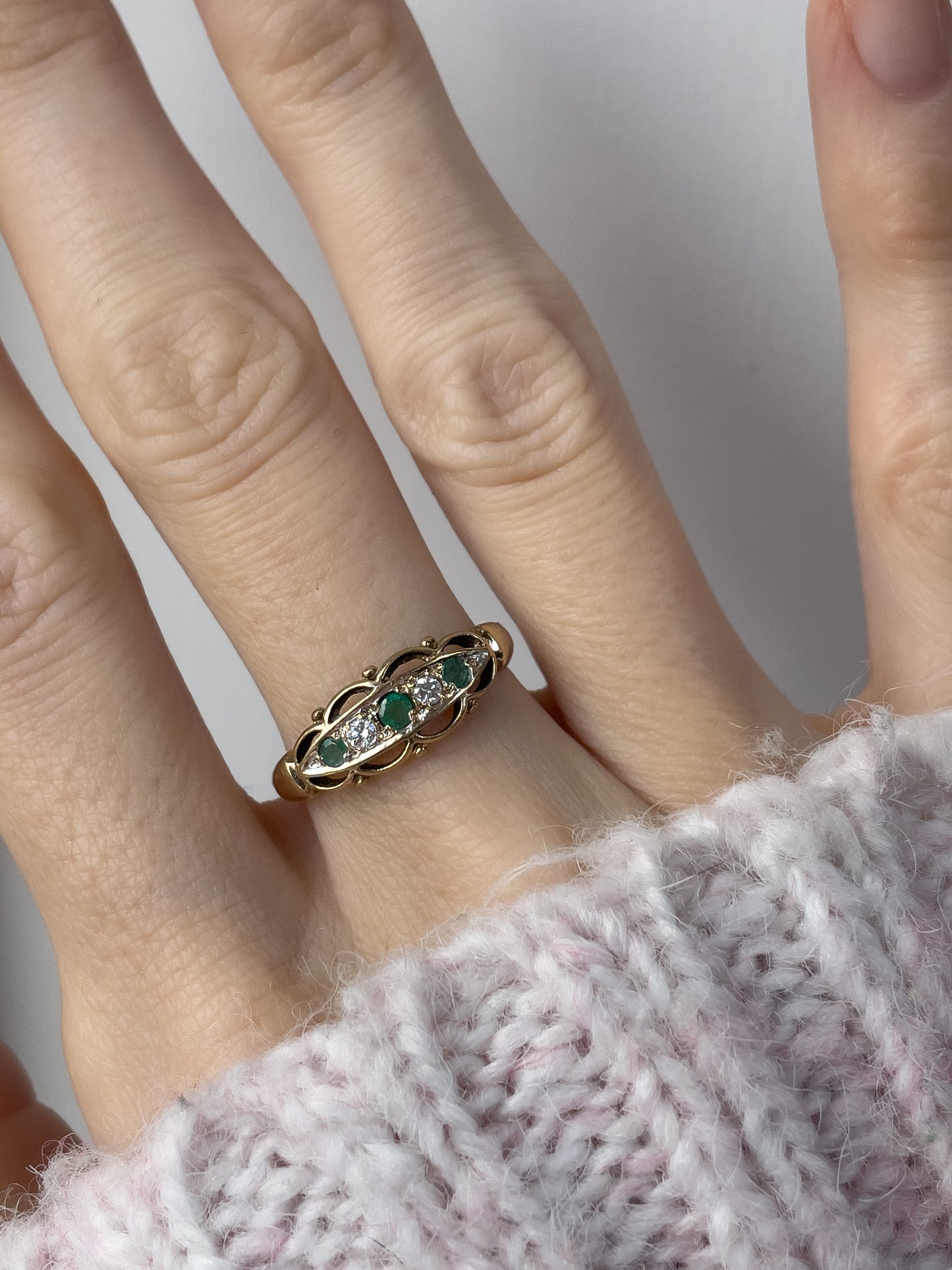 Vintage emerald and diamond boat ring on 9ct gold