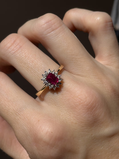 Vintage ruby and diamond halo cluster on 9ct gold