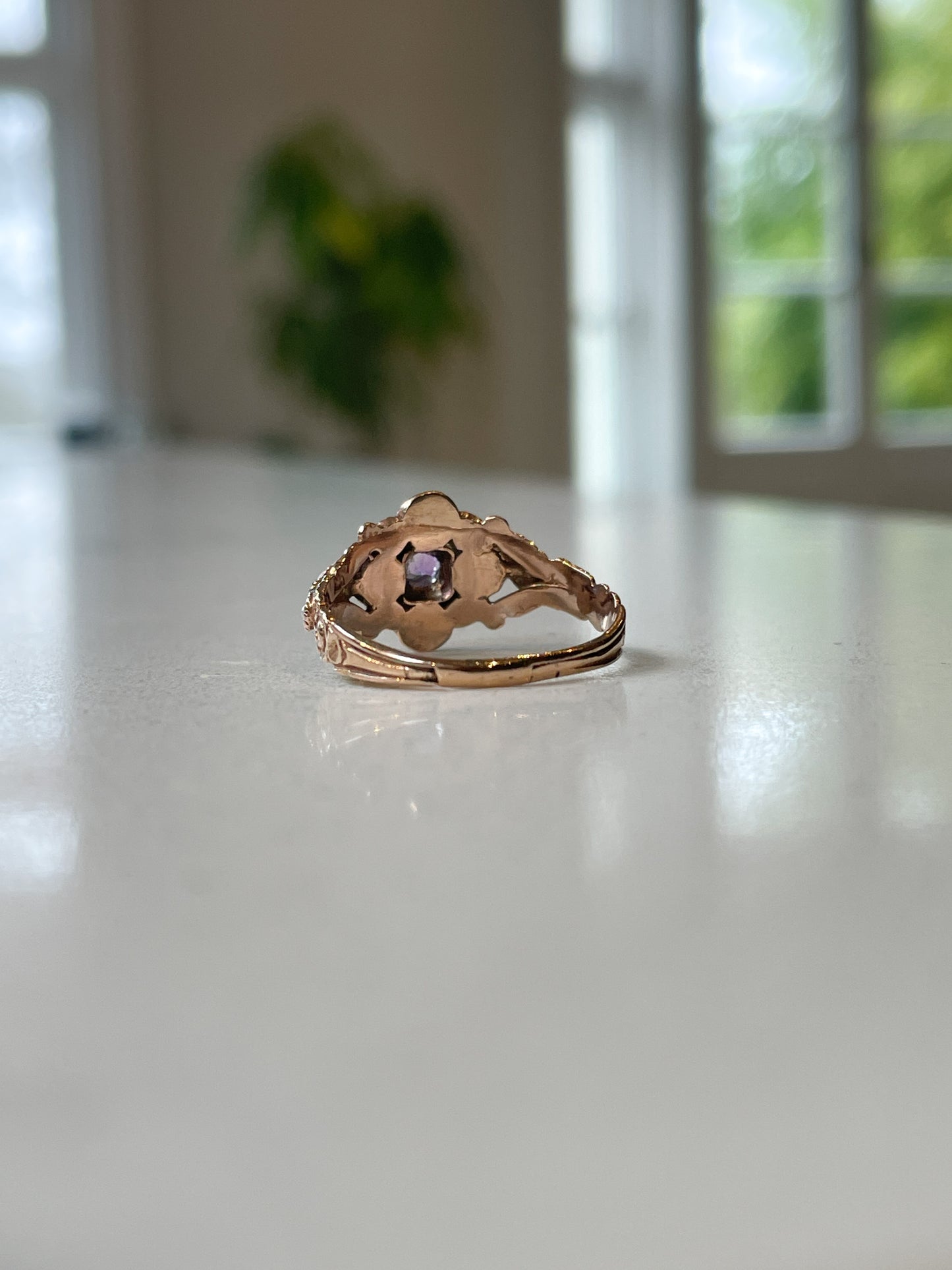 Antique seed pearl and amethyst ring on 9ct rose gold