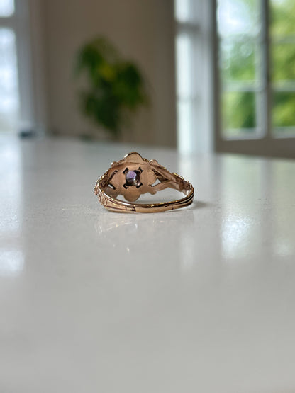 Antique seed pearl and amethyst ring on 9ct rose gold