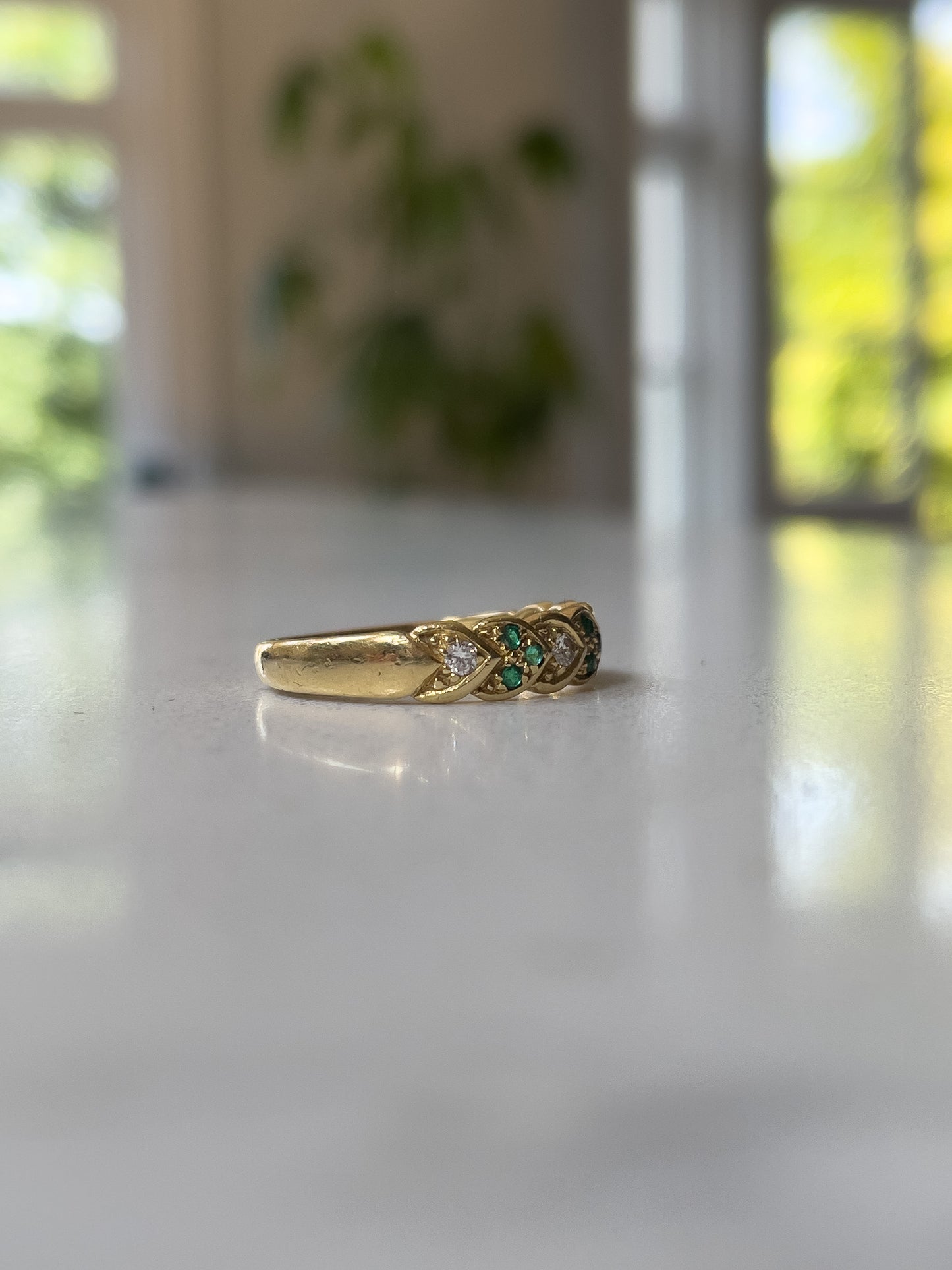 Vintage emerald and diamond patterned band ring on 18ct gold