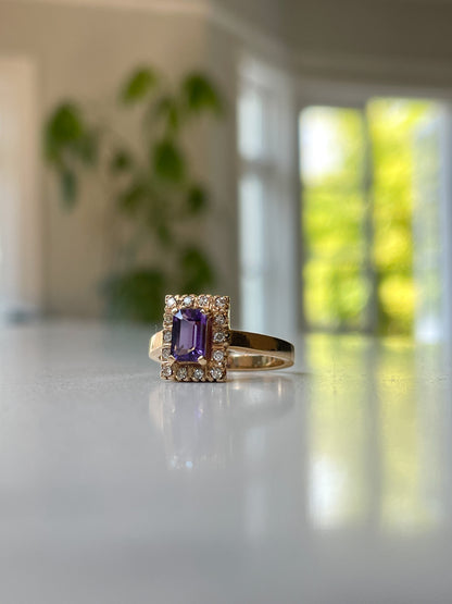 Vintage amethyst and diamond halo ring on 9ct gold