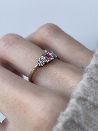 1920s created ruby and diamond trilogy ring on 9ct gold