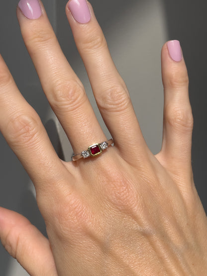 Chunky garnet and diamond trilogy ring on 18ct gold