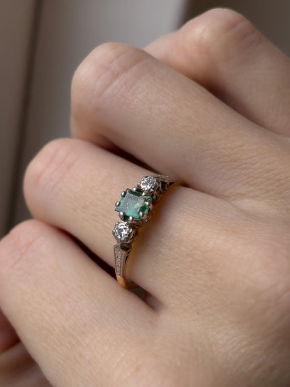 Vintage emerald and diamond trilogy ring on 18ct gold